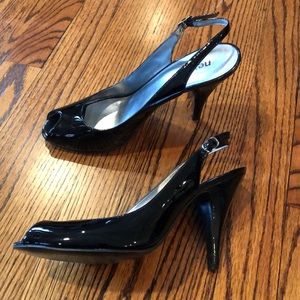 Black patent sling back shoes